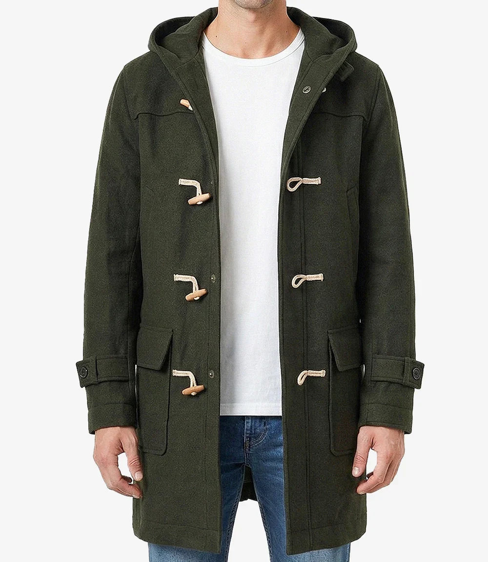 Mens Olive Green Hooded Duffle Wool Coat