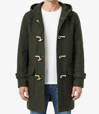 Mens Olive Green Hooded Duffle Wool Coat