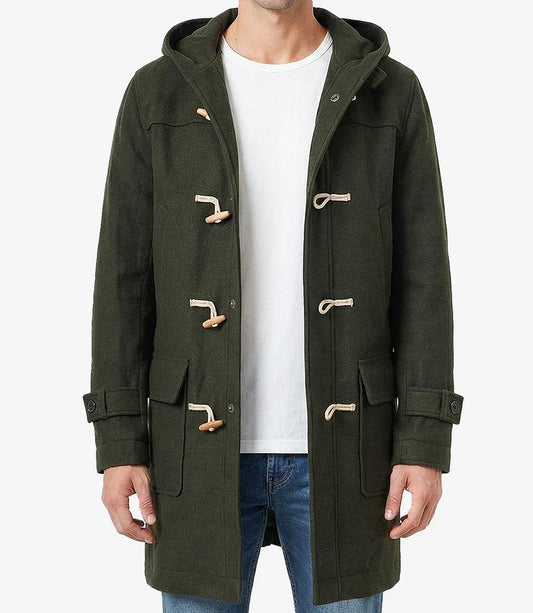 Mens Olive Green Hooded Duffle Wool Coat
