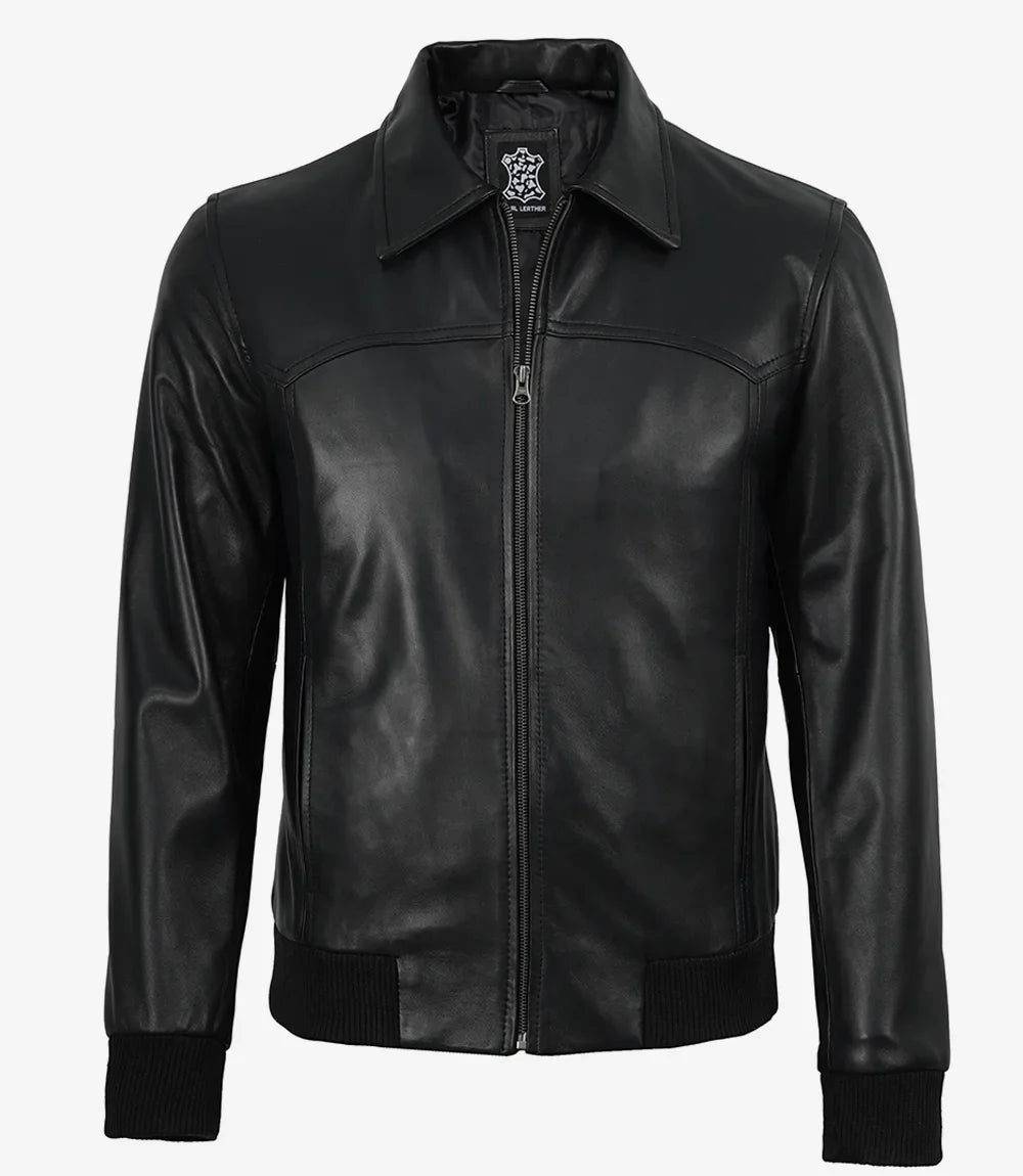 Men’s Premium Black Leather Bomber Jacket – Classic Shirt Collar