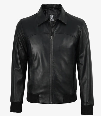 Men’s Premium Black Leather Bomber Jacket – Classic Shirt Collar