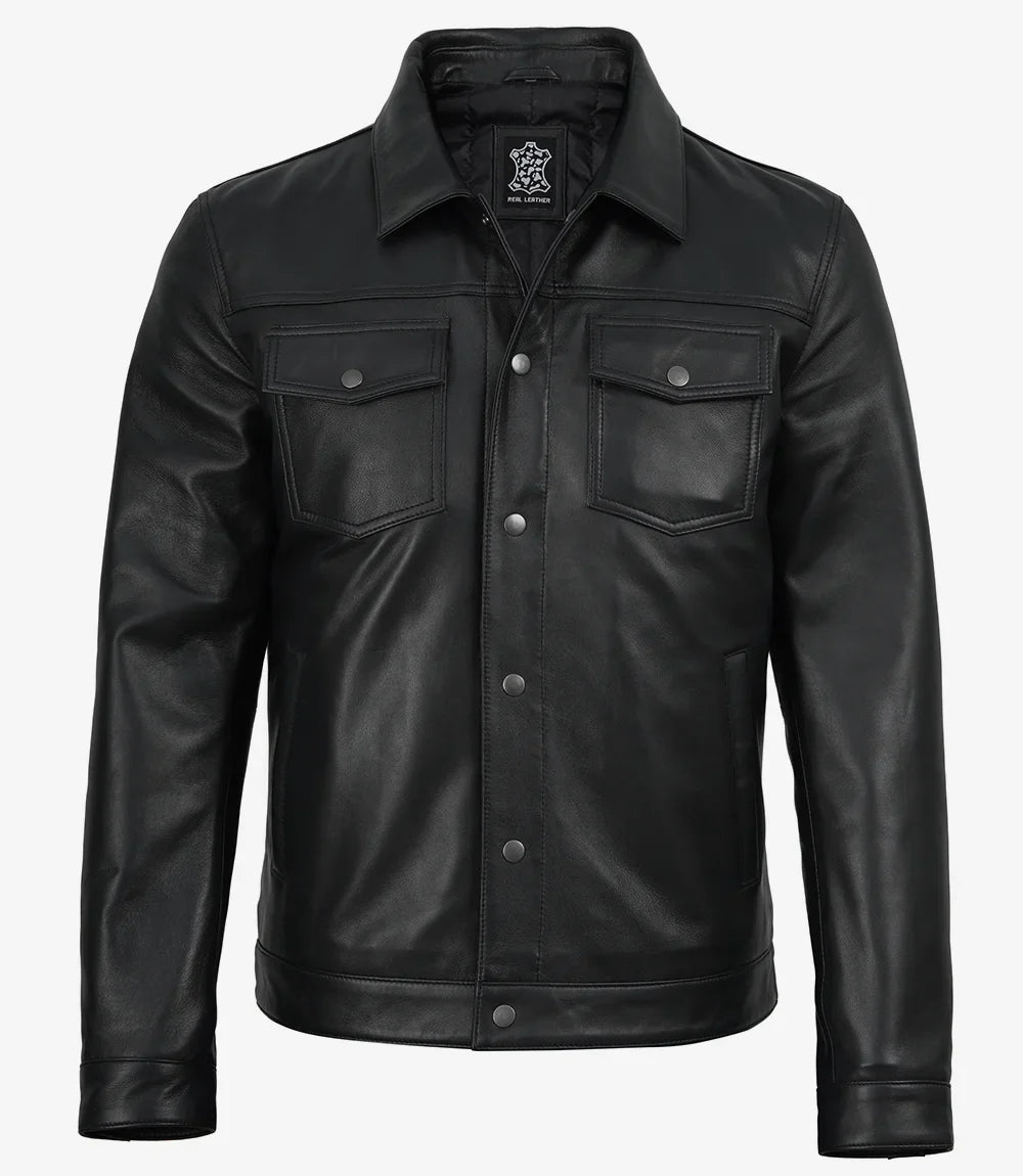 Men’s Premium Black Leather Shirt Jacket | Snap-Button Front
