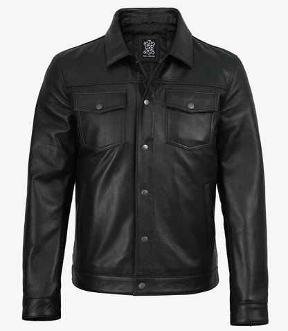 Men’s Premium Black Leather Shirt Jacket | Snap-Button Front
