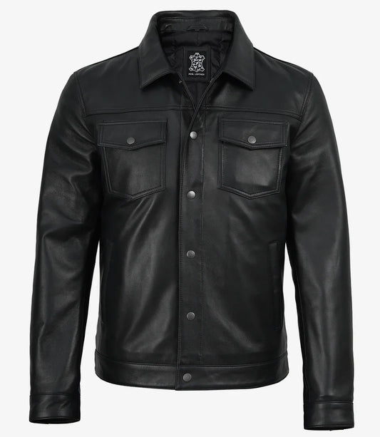 Men’s Premium Black Leather Shirt Jacket | Snap-Button Front