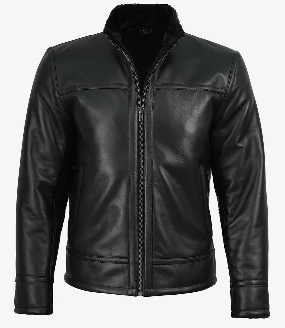 Men’s Black Real Lambskin Leather Jacket with Faux Shearling Lining