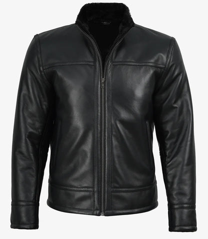 Men’s Black Real Lambskin Leather Jacket with Faux Shearling Lining