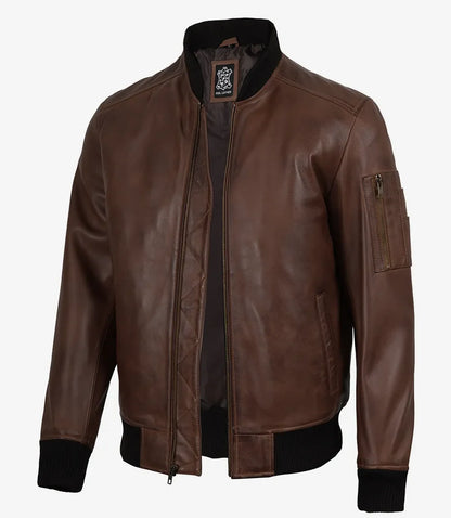 Men's Cognac Waxed Real Leather Bomber Jacket