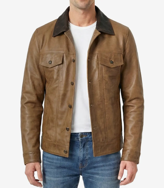 Men's Camel Wax Trucker Leather Jacket with Dark Brown Collar