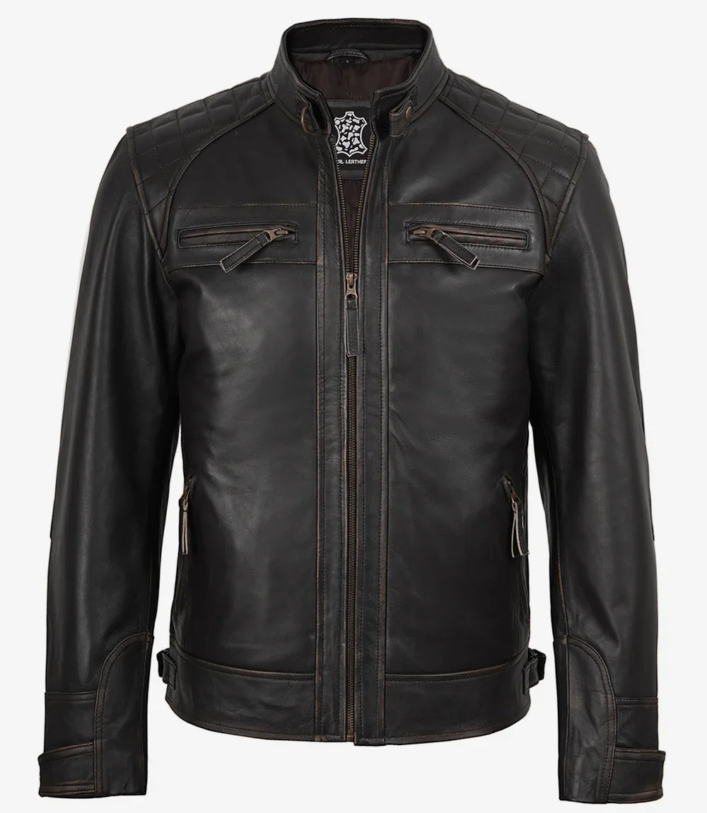 Men's Distressed Brown Biker Style Leather Jacket - Quilted Shoulder