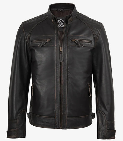 Men's Distressed Brown Biker Style Leather Jacket - Quilted Shoulder