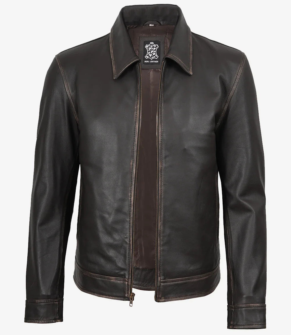 Mike Men's Dark Brown Rub Off Leather Jacket