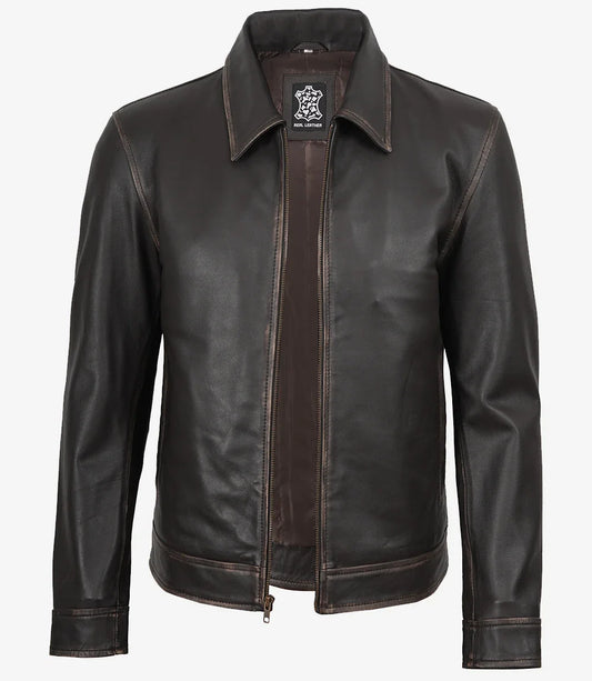 Mike Men's Dark Brown Rub Off Leather Jacket