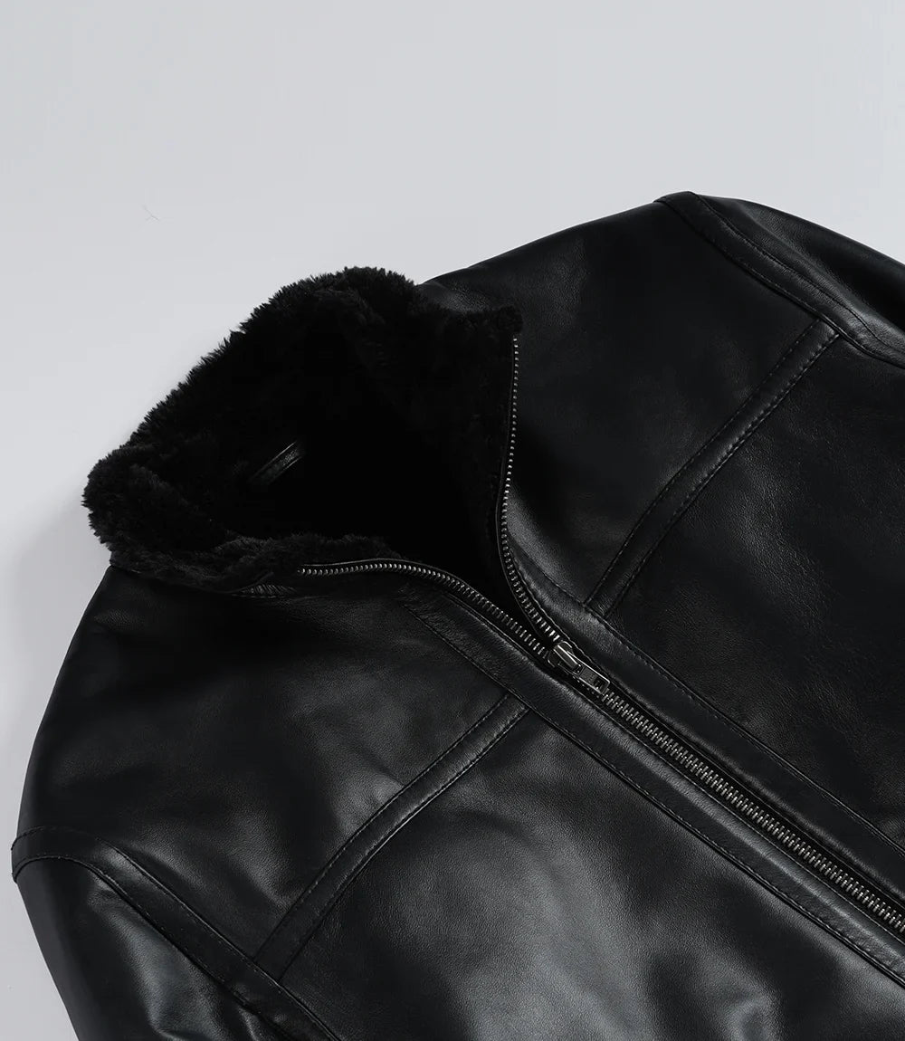 Men’s Black Real Lambskin Leather Jacket with Faux Shearling Lining