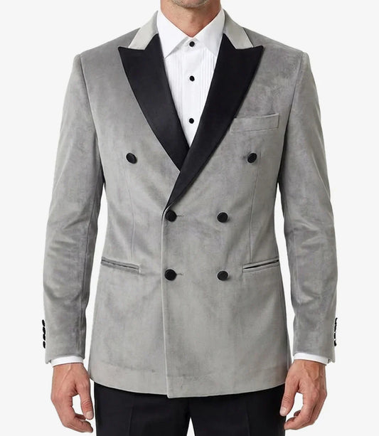 Men's Slate Grey Velvet Double Breasted Peak Lapel Tuxedo