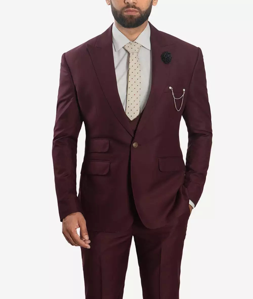 Morgan Men's Slim Fit Peak Lapel 3-Piece Burgundy Suit