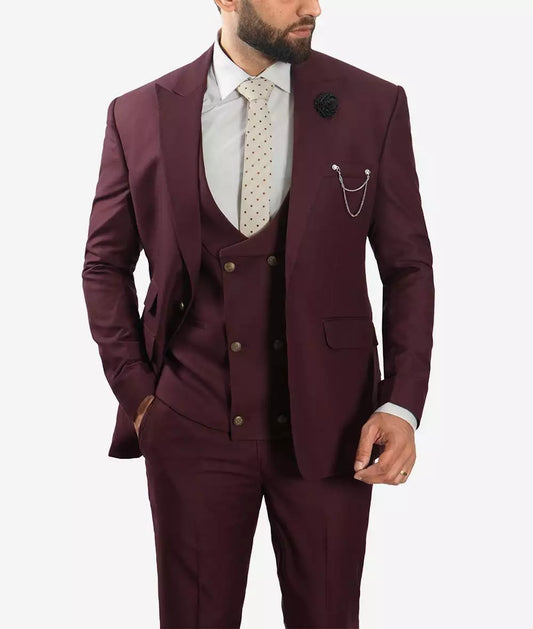 Morgan Men's Slim Fit Peak Lapel 3-Piece Burgundy Suit