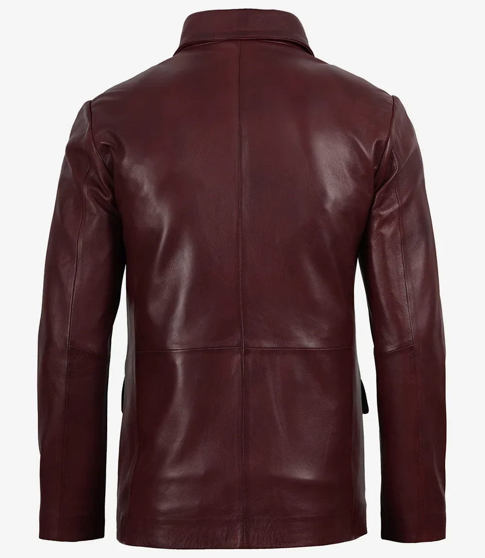 Men's Burgundy Wax Lambskin Leather Blazer