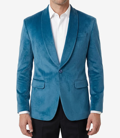 Mens Teal Blue Single Button Velvet Tuxedo Jacket