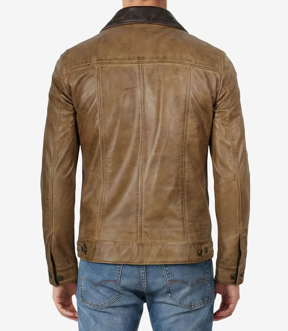 Men's Camel Wax Trucker Leather Jacket with Dark Brown Collar