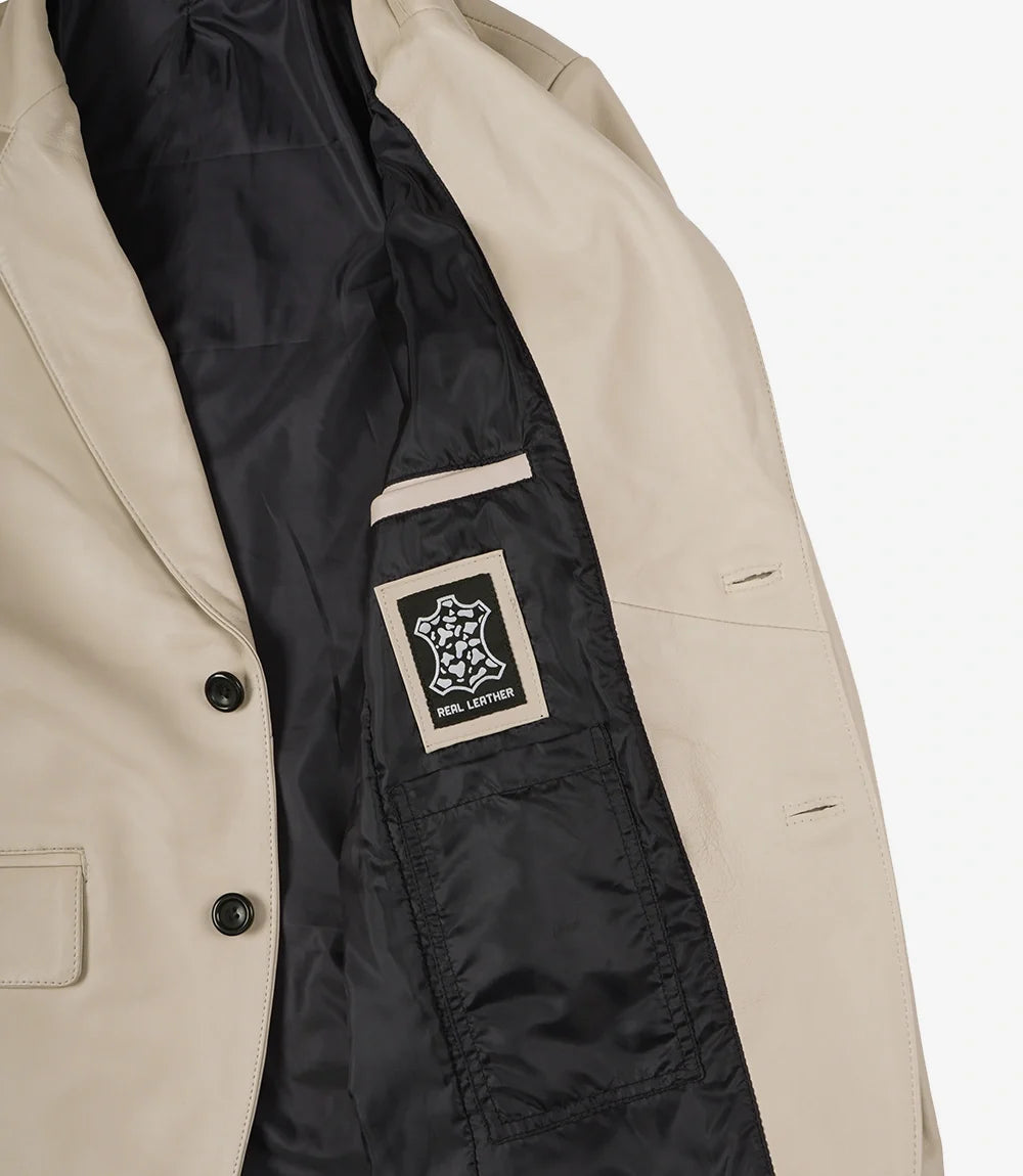 Men's Beige Lambskin Two-Button Leather Blazer