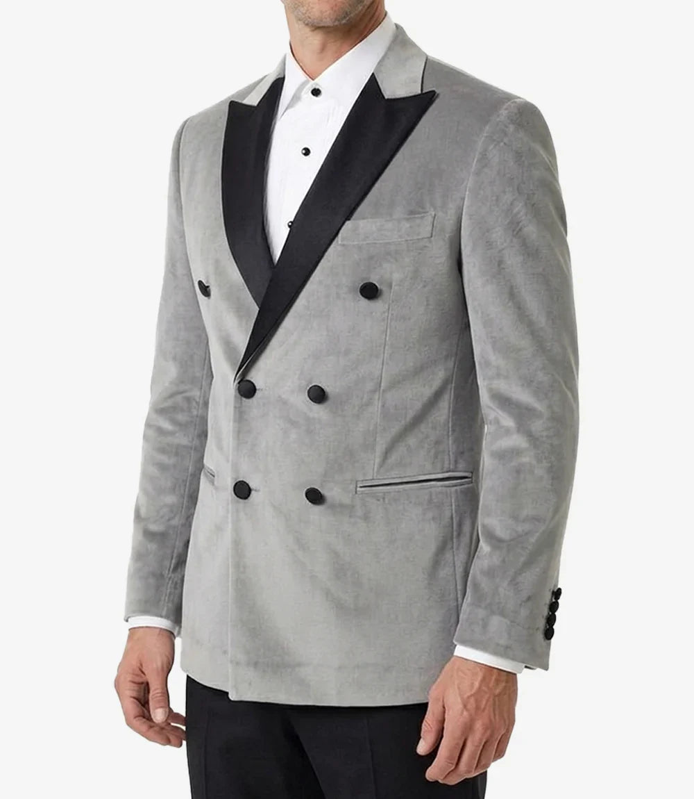Men's Slate Grey Velvet Double Breasted Peak Lapel Tuxedo
