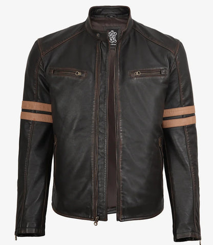 Men’s Vintage Brown Leather Biker Jacket with Dual Racing Stripes