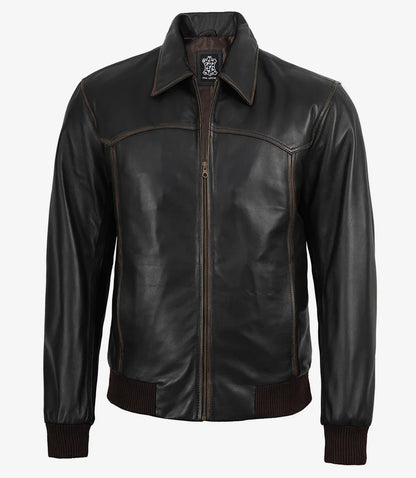 Men's Distressed Brown Leather Bomber Jacket with Shirt Collar