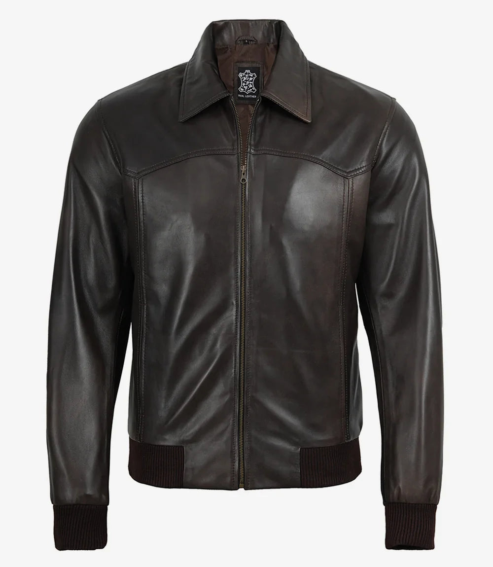 Men's Vintage Brown Leather Bomber Jacket with Shirt Collar