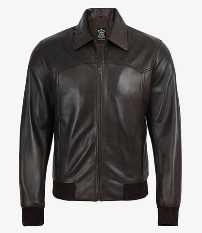 Men's Vintage Brown Leather Bomber Jacket with Shirt Collar