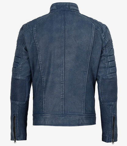 Mens Blue Washed Cafe Racer Leather Jacket