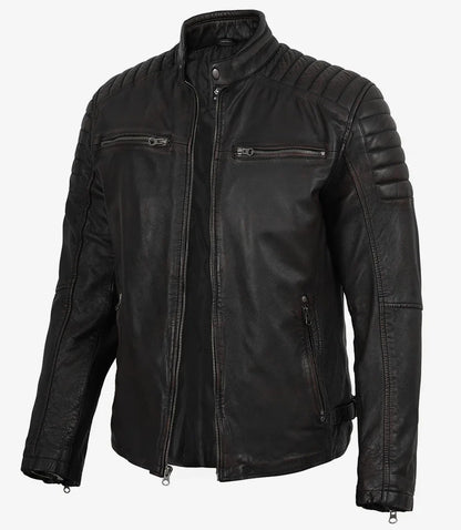 Men's Maroon Distressed Black Washed Leather Jacket - Biker Style