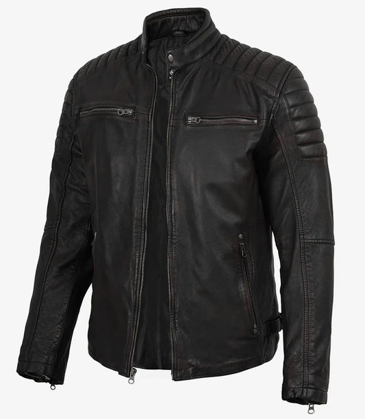 Men's Maroon Distressed Black Washed Leather Jacket - Biker Style