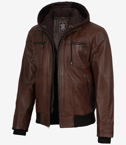 Mens Cognac Waxed Bomber Leather Jacket With Hood