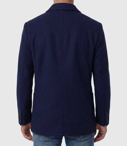 Mens Navy Blue Double Breasted Wool Blend Blazer