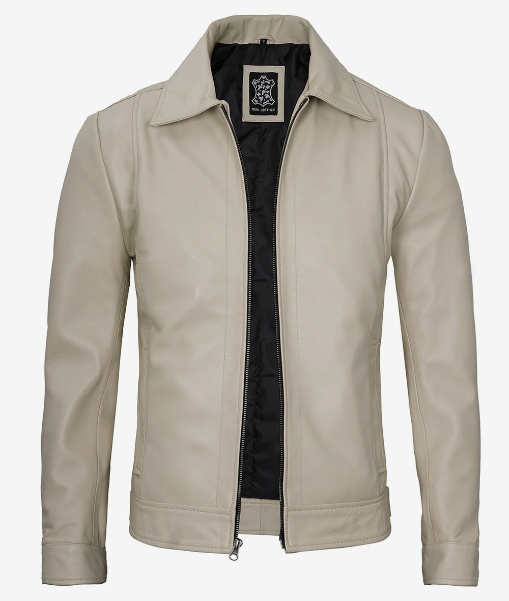 Mens Classic Shirt Collar Beige Leather Jacket Max Jackets