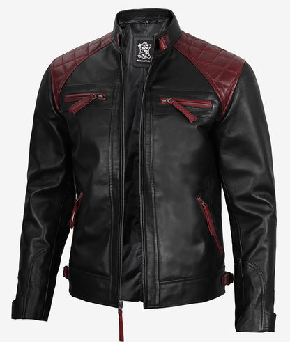 Men's Black and Maroon Biker Style Leather Jacket - Quilted Shoulder