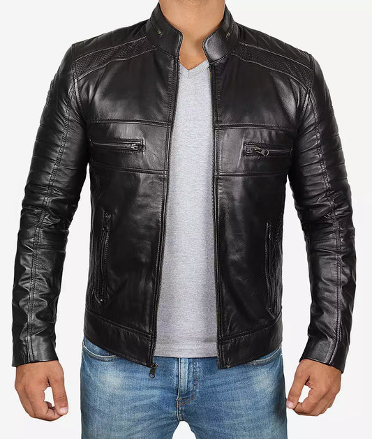 Men's Tall Biker Style Black Leather Jacket