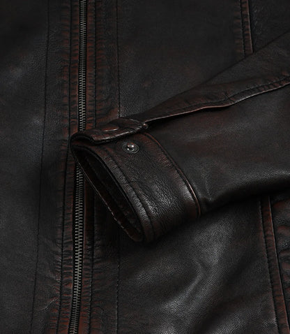 Men's Black Distressed Leather Jacket with Maroon Undertone