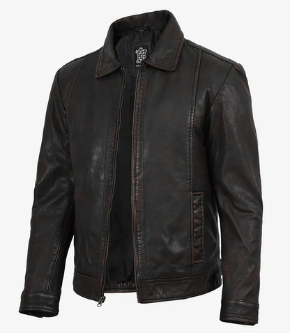 Men's Black Distressed Leather Jacket with Maroon Undertone