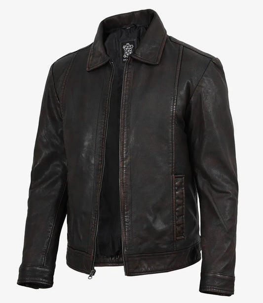 Men's Black Distressed Leather Jacket with Maroon Undertone