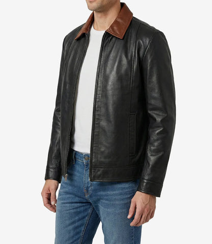 Mens Cognac Shirt Collar Black Harrington Leather Jacket