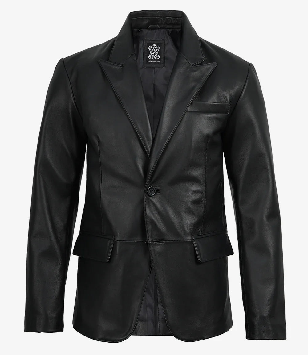 Men's Black Real Lambskin Leather Blazer – Peak Lapel Tailored Fit