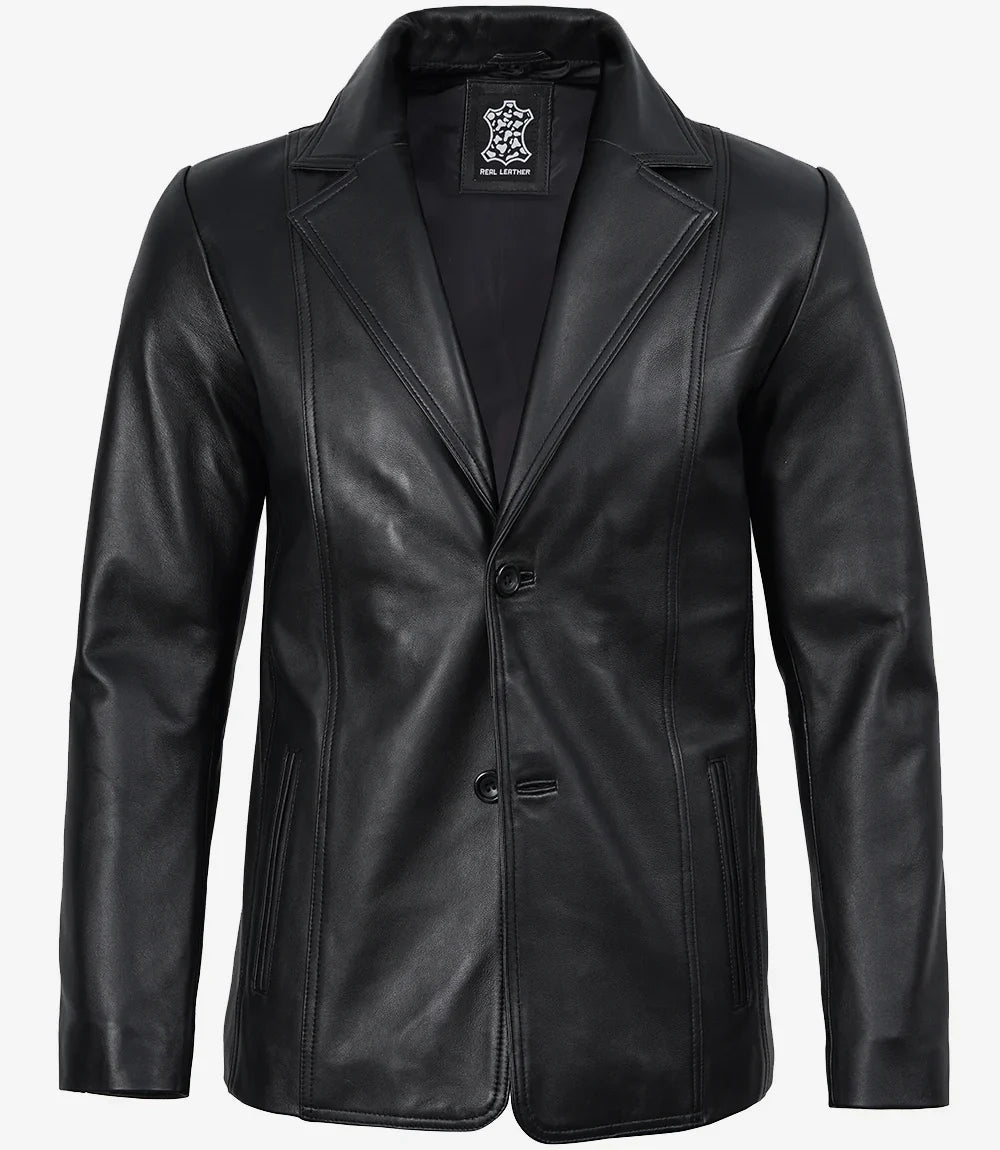 Mens Real Leather 2 Button Black Leather Blazer - Notch Lapel