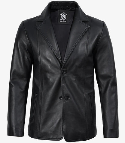 Mens Real Leather 2 Button Black Leather Blazer - Notch Lapel
