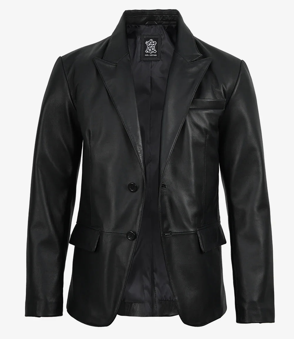 Men's Black Real Lambskin Leather Blazer – Peak Lapel Tailored Fit