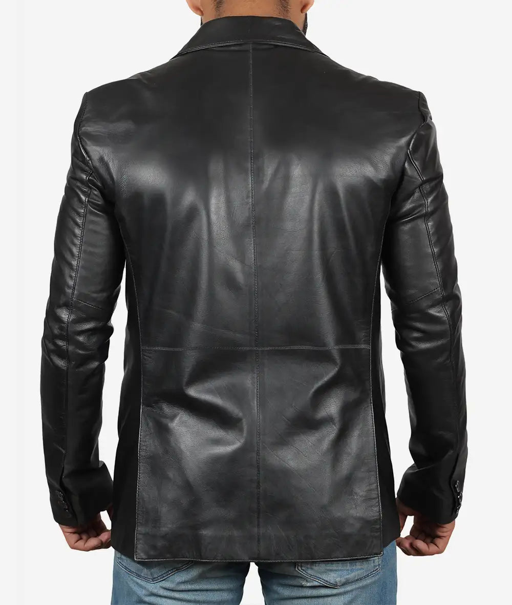 Mens Black Leather Blazer Jacket - Stylish Two Button Notch Lapel Blazer Max Jackets