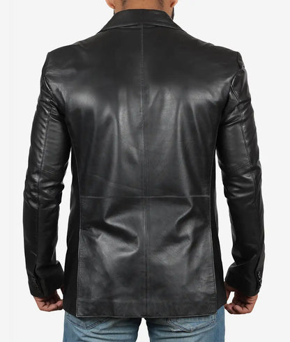 Mens Black Leather Blazer Jacket - Stylish Two Button Notch Lapel Blazer Max Jackets