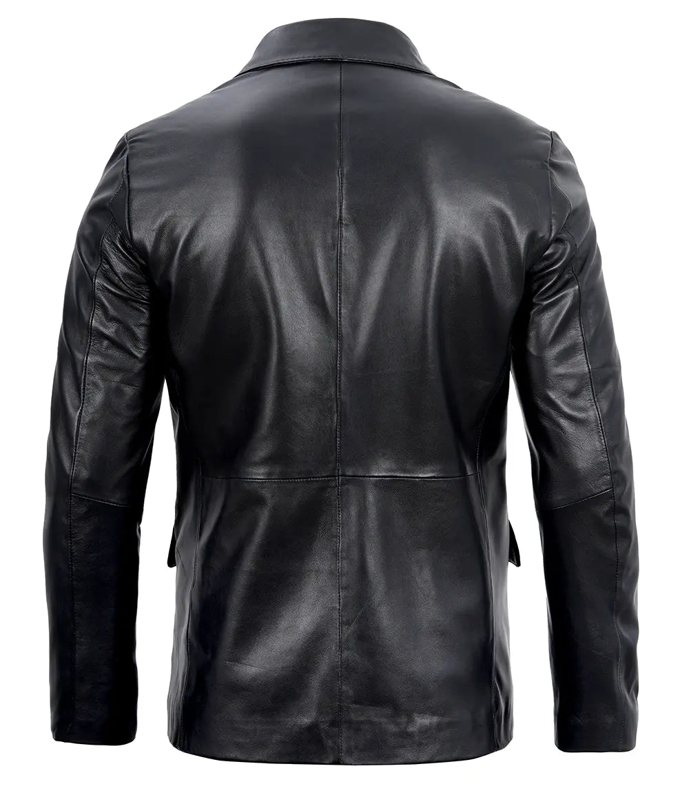 Mens Two Button Notch Lapel Black Leather Blazer