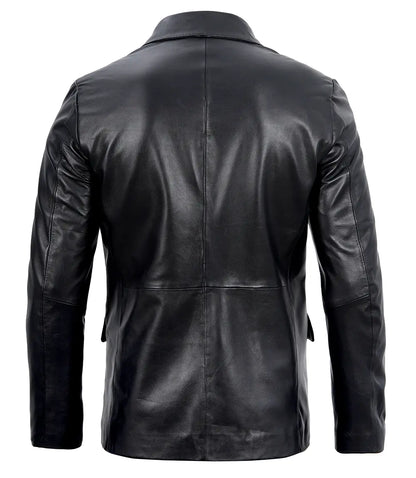 Mens Two Button Notch Lapel Black Leather Blazer