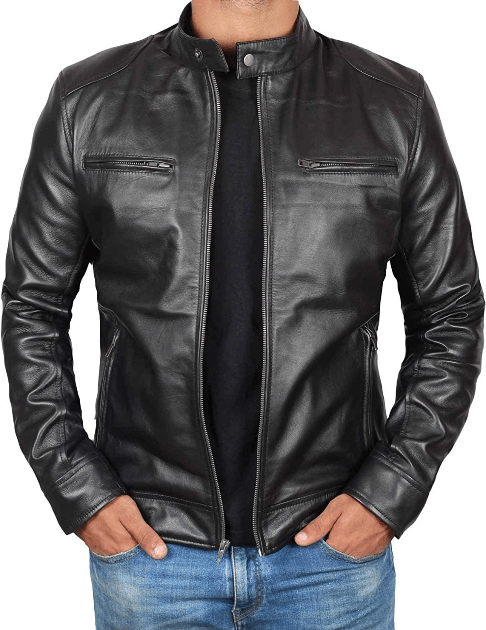 Men's Black Lambskin Leather Cafe Racer Jacket Max Jackets